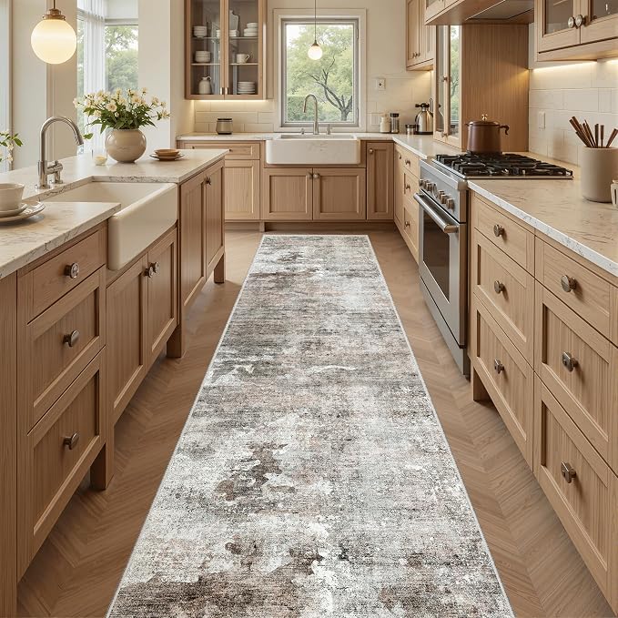 Soalmost Abstract Runner Rug 2x8 Hallway Kitchen Runners Pink/Grey | Vintage Washable Rugs for Bathroom Laundry Room, Low Pile Stain Resistant Floor Carpet Mat Entryway Corridor Bedroom