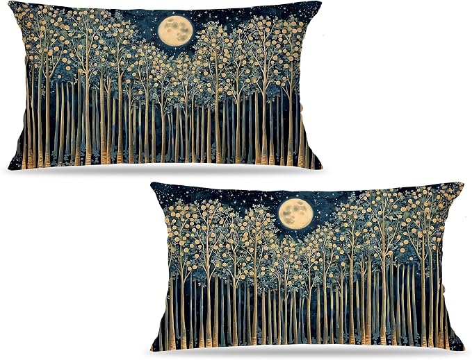 Rustic William Morris Inspired Night Forest Green Moon Decor Pillow Covers 12x20 Set of 2,Vintage Botanical Nature Landscape Decorative Throw Pillow Covers for Home Bedroom Living Room