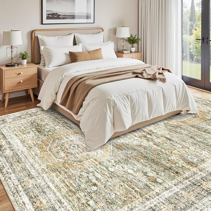 Soalmost Washable Area Rug 8x10 Large Soft Living Room Rugs Green/Orange | Vintage Non-Slip Carpet for Dining Bedroom, Stain Resistant Low Pile Foldable Lightweight Floor Mat Under Table Home Decor