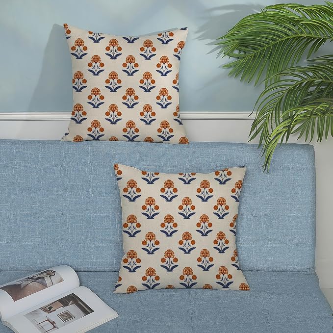 Orange Navy Blue Floral Pillow Covers 18x18 Set of 2, Vintage Block Print Flower Decorative Throw Pillows Modern Rustic Cushion Covers for Sofa Couch Bed Living Room Home Decor for Couch Sofa