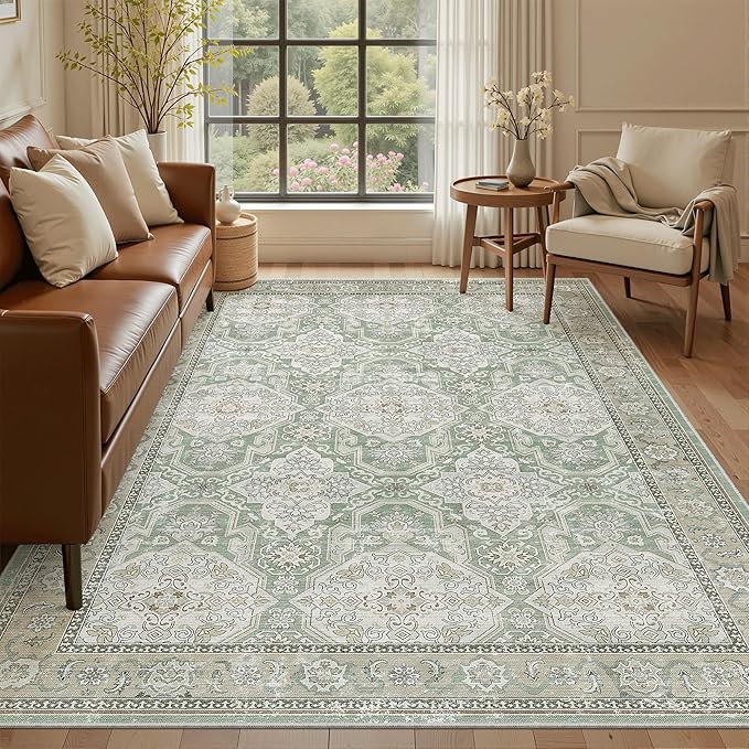 Soalmost 5x7 Area Rug Low Pile Washable Trendy Faded Style Rug, Green/Brown | Vintage Non-Slip Indoor Accent for Bedroom Dining, Foldable Stain Resistant Floor Carpet Mat Under Table Home Office Decor