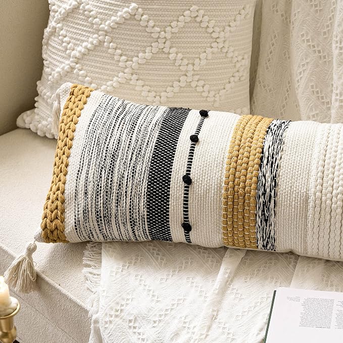 Decorative Lumbar Throw Pillow Cover 14x36 Boho Long Cushion for Bed Yellow Mustard Accent Farmhouse Pillowcase for Bedroom Living Room Couch Sofa Home Décor Cover ONLY