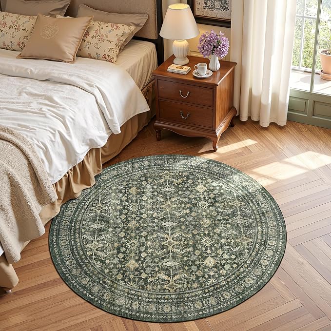 4ft Area Rugs for Living Room Bedroom, Green Washable Non-Slip Carpet | Soft Boho Area Rug for Dining Room Home Office Indoor Nursery, Stain Resistant, Low Pile, Foldable Vintage Distressed Rug