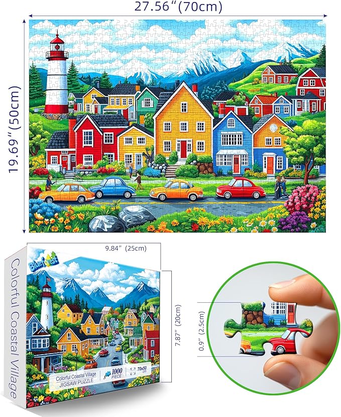 Blueforest 1000 Piece Jigsaw Puzzle for Adults - Coastal Village Scene: Colorful Houses, Lighthouse & Mountain View, 27.5x19.7 Inch Large Puzzle, Challenging Hard Difficult Puzzles for Adults