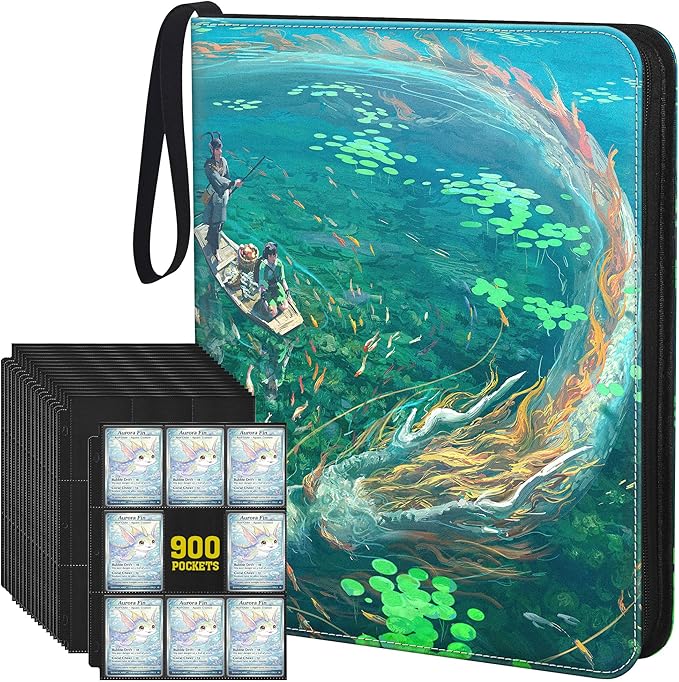 Trading Card Binder, 3-Ring Zippered for Standard 2.5"x3.5" TCG and Sports Cards, 9-Pocket Double-Sided Pages, 50 Sheets/900 Pockets, Acid-Free PVC-Free, PU Cover, Wrist Strap - Lake Art Design