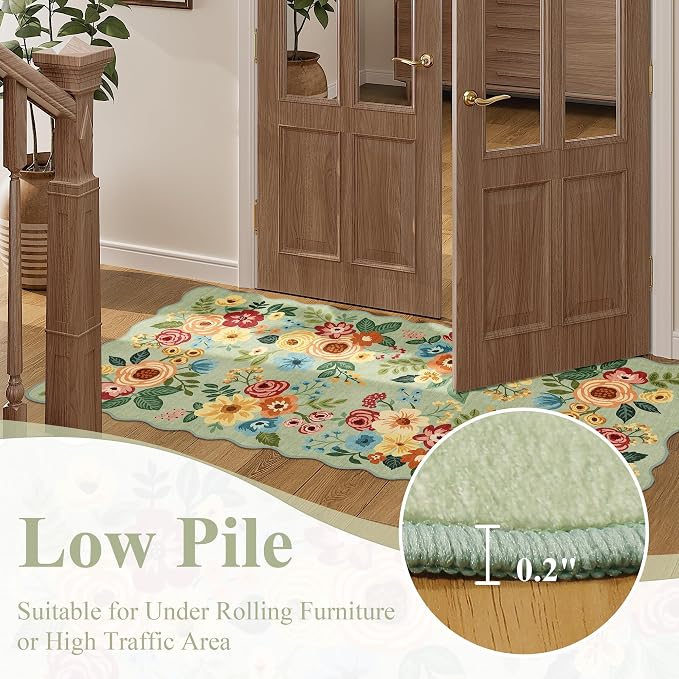 DUKINO 2x6 Runner Rug, Floral Washable Rug for Kitchen Non Slip, Green | Soft, Low Pile, Non-Shedding Long Runner Rugs for Kitchen, Entryway, Bedroom, Bathroom, Pet Friendly, Home Decor, Ultra-Thin