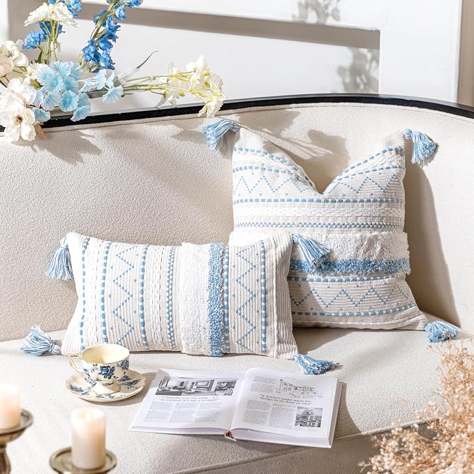 18X18 Throw Pillow Cover, Coastal Blue Square Decorative Cushion Cover, Boho Accent Pillowcase with Tassels for Couch Sofa Living Room (Cover Only)