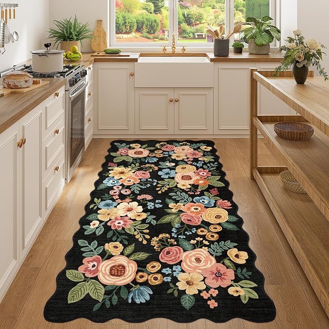 DUKINO 3x6 Runner Rug for Hallway, Washable Kitchen Rug Non Slip, Black | Low Pile, Stain Resistant, Soft Floral Throw Rugs for Entryway, Bedroom, Bathroom, Laundry, Pet Friendly, Modern Home Decor