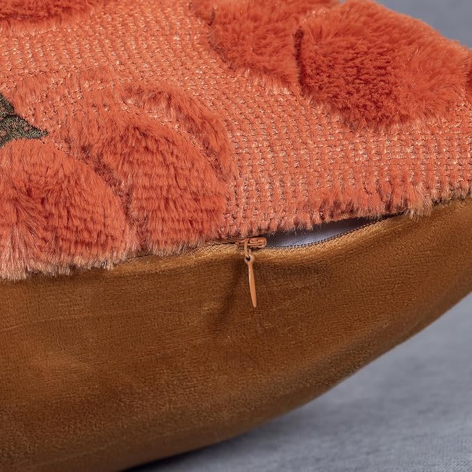 Fall Pumpkins Decorative Pillow Covers 20x20 Set of 2, Dark Rust Red Soft Plush Faux Fur Wool Farmhouse Throw Cushion Cases for Autumn Thanksgiving Holiday Home Decorations