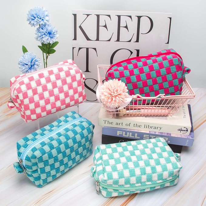 PAZIMIIK Checkered Makeup Bag for Purse Portable Zipper Make Up Pouch Small Cosmetic Case for Travel Accessories (2PCS Magenta Green)
