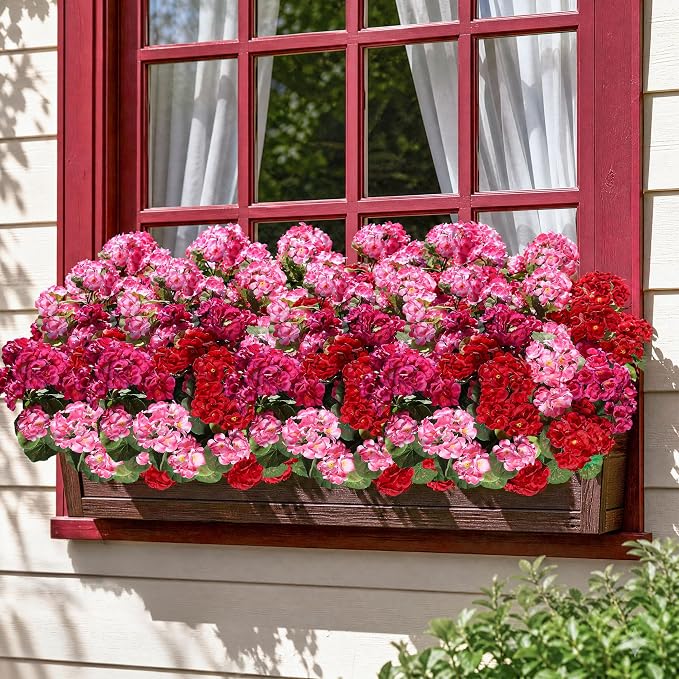 Artificial Geraniums Fake Flowers for Outdoors Decoration, 6 Bundles Silk Geraniums Flower UV Resistant Look Real Faux Plants for Front Door Garden Porch Planter Patio Balcony Yard Indoor Home, Mix
