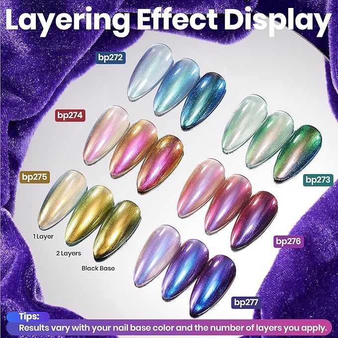 Beetles Chrome Nail Polish Set - Chameleon Holographic Ember 6 Colors Air Quick Fast Dry Metallic Nail Polish Long Lasting DIY Fingernail Art Home Salon Spring Gifts for Girls Women