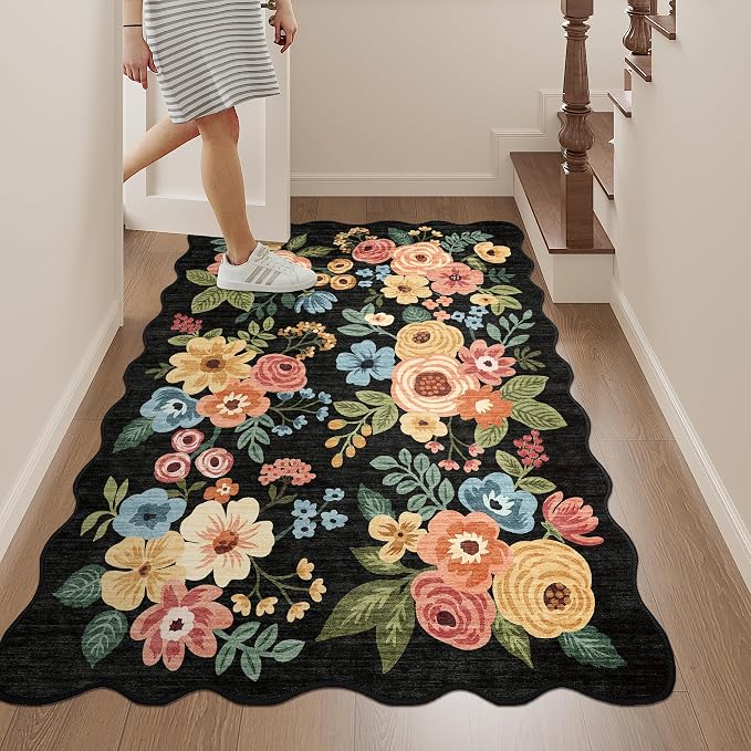 DUKINO 3x4 Rug, Non Slip Floral Washable Area Rug for Entryway, Black | Soft, Low Pile, Non-Shedding Indoor Throw Rugs for Kitchen, Hallway, Bedroom, Bathroom, Laundry, Pet Friendly, Home Decor