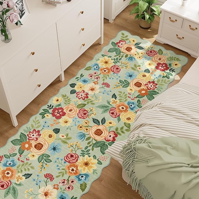 DUKINO 2.6x10 Runner Rug for Hallway, Floral Washable Rug Non Slip, Green | Soft, Low Pile, Lightweight Indoor Throw Rug Runner for Entryway, Bedroom, Bathroom, Laundry, Pet Friendly, Modern Home Decor