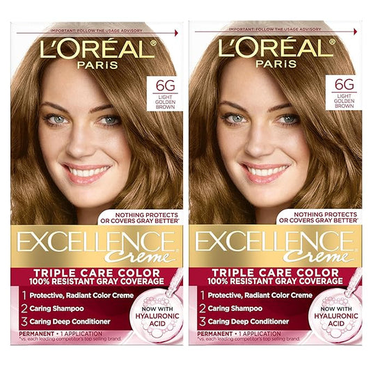 L'Oreal Paris Excellence Crème Permanent Hair Dye, Triple Care Hair Color with Hyaluronic Acid for 100% Gray Coverage, 6G Light Golden Brown, 1 Kit (Pack of 2) (Packaging May Vary)