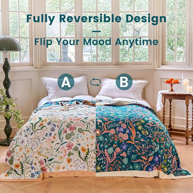 MSGKV Boho Throw Blanket 60"x80" Cotton Floral Blanket for Couch Bed Decor | 100% Cotton Throw, Colorful Floral, Reversible Blanket, Breathable Lightweight, Road Trip Blanket, Machine Washable