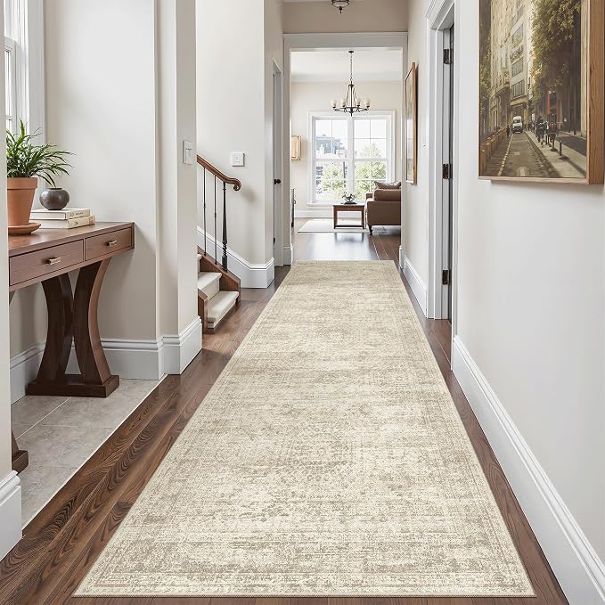 Soalmost Washable Kitchen Runner Rug 3x8 Hallway Entry Rugs Non-Slip, Beige | Vintage Runners 8ft for Bathroom Laundry Room, Foldable Low-Pile Floor Carpet Mat for Entryway Corridor Bedroom