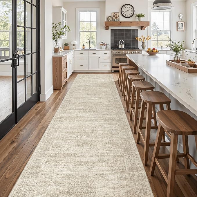 Soalmost Washable 3x14 Hallway Runner Rug Non-Slip Kitchen Entry Rugs Beige | Vintage Long Runners 14ft for Bathroom Entryway, Foldable Low-Pile Wide Floor Carpet Mat for Corridor Living Room Bedroom