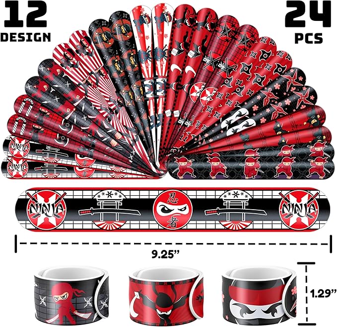 72PCS Ninja Party Favors for Kids - 48 Pre-cut Temporary Tattoos & 24 Slap Bracelets - Ninja Birthday Decorations, Classroom Prizes, Goodie Bag Gifts for Boys & Girls7