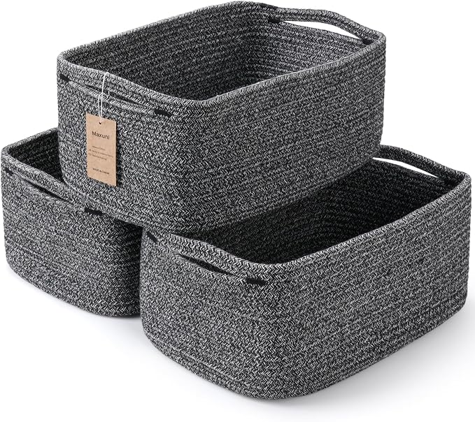 3 Pack Storage Baskets for Organizing, 13.7×9.5×6.3", Mixed Black | Woven Baskets for Shelves, Cotton Rope Basket for Gifts Empty, Closet Organizer Bins with Handles, Cube Decorative Box