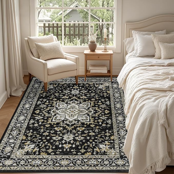 4x6 Area Rugs for Living Room: Washable Rug Soft Vintage Boho Medallion Carpet Indoor Non-Slip Stain Resistant Large Carpets for Bedroom Dining Room Farmhouse Nursery Home Office Black Gold