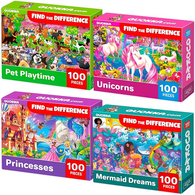 QUOKKA 100 Piece Puzzles for Kids Ages 4-6 – 4 Jigsaw Puzzles for Kids Ages 6-8 – Search and Find Unicorn Princess Mermaid Toys for Children 8-10 yo – Educational Game Gift for Boys & Girls