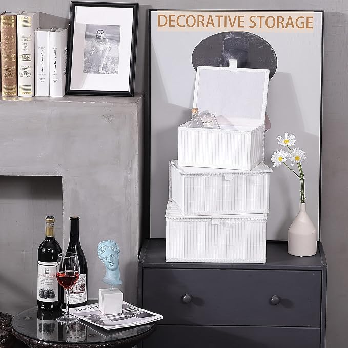 Honygebia Bamboo Decorative Storage Boxes - Set of 3 Woven Lined Storage Basket with Lids, White Wicker Lidded Baskets for Home Kitchen Shelf Organizer Decor
