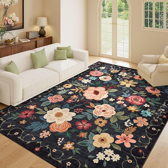 DUKINO 8x10 Area Rugs, Floral Washable Living Room Rug Non Slip, Black | Low Pile, Stain Resistant, Soft Indoor Large Carpet for Bedroom, Dining Rom, Kids Playroom, Pet Friendly, Modern Home Decor