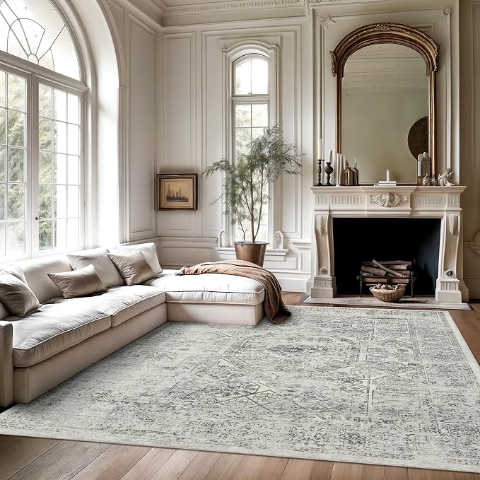 Soalmost 6x9 Area Rug for Living Room Washable Non-Slip Rugs Light Gray | Low-Pile Vintage Carpet for Dining Bedroom, Foldable Thin Stain Resistant Floor Mat Under Table Home Office Nursery Decor