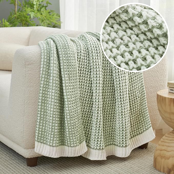 Knit Throw Blanket, Soft Chenille Cozy Breathable Pineapple Chunky Decorative Blanket for Couch, Bed & Sofa, French-Inspired Lightweight Warm Gift for Women, Sage Green, 50"x60"