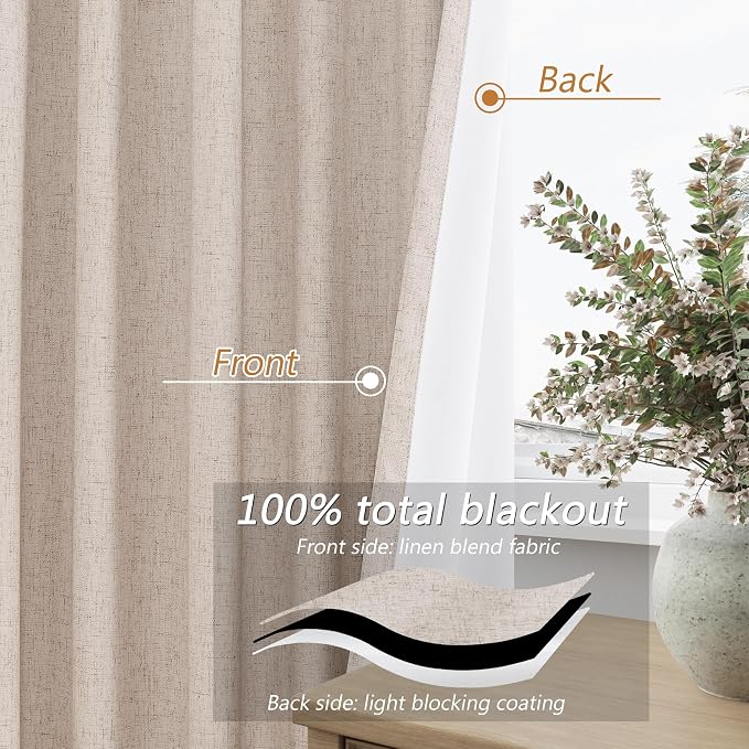 Guken Oatmeal 100% Blackout Linen Curtains 63 Inch Length 2 Panels Set for Living Room Bedroom Back Tab Thermal Insulated Black Out Drapes Room Darkening Farmhouse Window Curtains 63 Inches Long