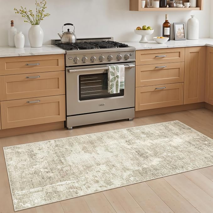 Soalmost Abstratc Runner Rug 2x5 Washable Kitchen Entry Runners Beige/Gray | Non-Slip Low-Pile Rugs for Bathroom Laundry Room, Vintage Foldable Floor Carpet Mat Hallway Entryway for Corridor Bedroom