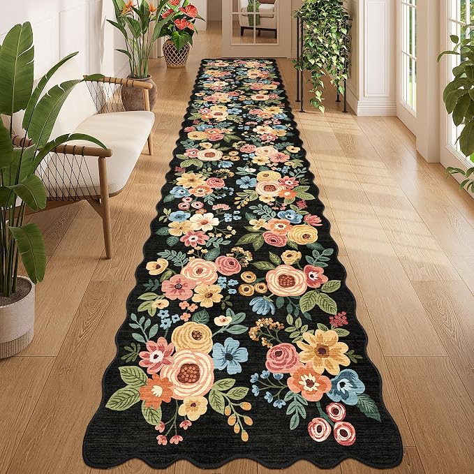 DUKINO 2.6x12 Washable Runner Rug, Floral Non Slip Long Kitchen Rug, Black | Low Pile, Stain Resistant, Soft Throw Rugs Runner for Hallway, Entryway, Bedroom, Bathroom, Modern Home Decor, Non-Shedding