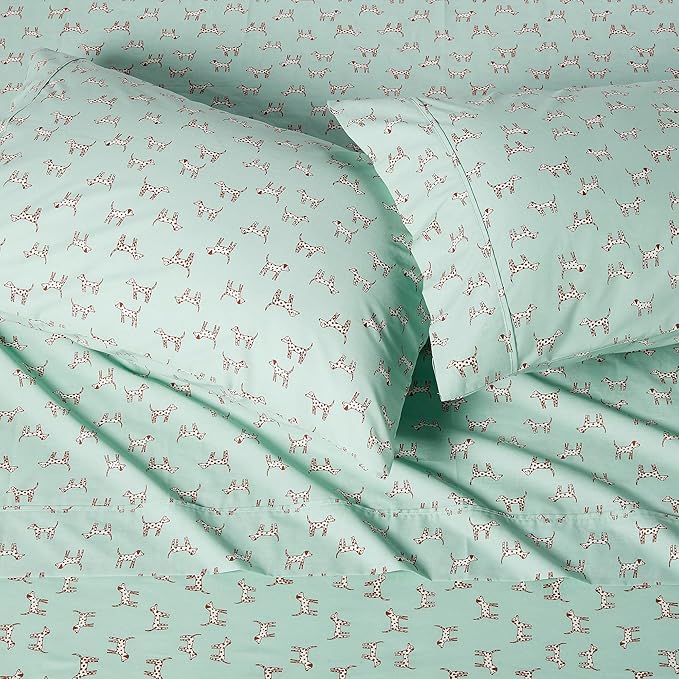 Amazon Basics 100% Organic Cotton Kids' Sheet Set with Pillowcase, Deep Pockets, Gets Softer with Each Wash, Queen, Spotted Dogs, Oeko-TEX Certified