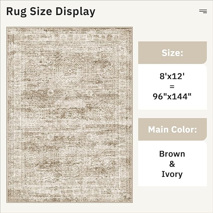 Soalmost Washable Area Rug 8x12 Large Soft Brown Rugs for Living Room | Vintage Non-Slip Carpet for Dining Bedroom, Stain Resistant Low Pile Foldable Lightweight Floor Mat Under Table Home Decor