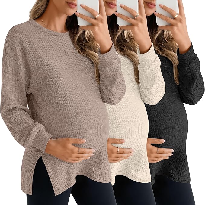 3 Pack Women's Maternity Shirts Long Sleeve Waffle Knit Side Split Oversized Tops Pregnancy Clothes Fall Tees