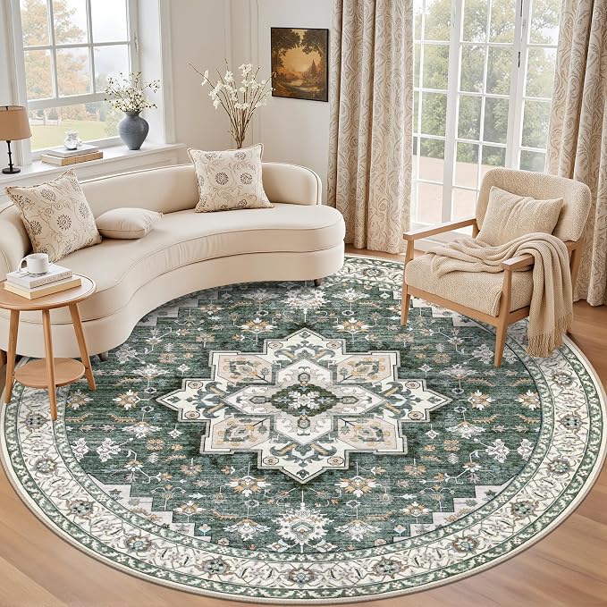 Round Area Rug for Living Room: 6ft Washable Vintage Boho Soft Thin Circle Rug Indoor Floor No Slip Stain Resistant Carpet for Bedroom Dining Room Farmhouse Nursery Home Office - Green Ivory
