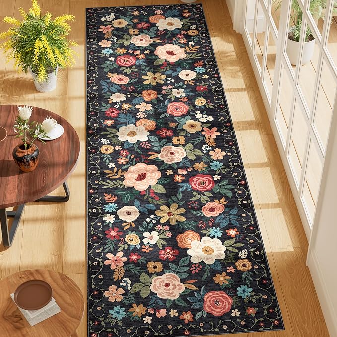 DUKINO 2x7 Runner Rug for Hallway, Washable Runner Rug Non Slip, Black | Low Pile, Soft Indoor Carpet Runner for Kitchen, Bedroom, Bathroom, Entryway, Laundry, Pet Friendly, Home Decor, Lightweight