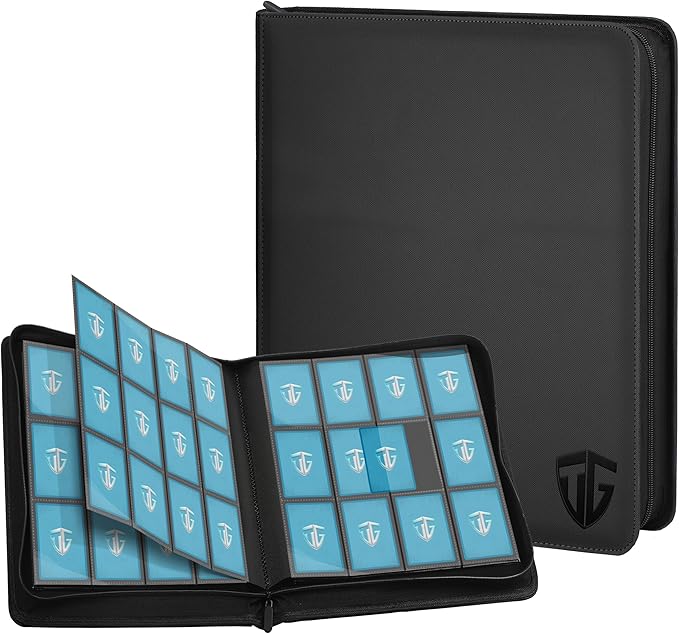 12 Pockets Trading Card Zipper Binder for 720 Cards| Secure Side Loading Pockets | Trading Card Album Folder | Compatible with YuGiOh, MTG(Black 12)