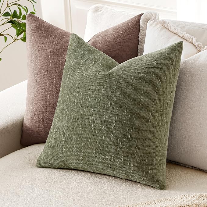 MIULEE Textured Chenille Throw Pillow Covers 18x18 Inch Olive Green | Pack of 2 Decorative Soft Throw Pillows, Solid Textured Cushion Covers, Modern Home Decor for Couch Sofa Bedroom Living Room