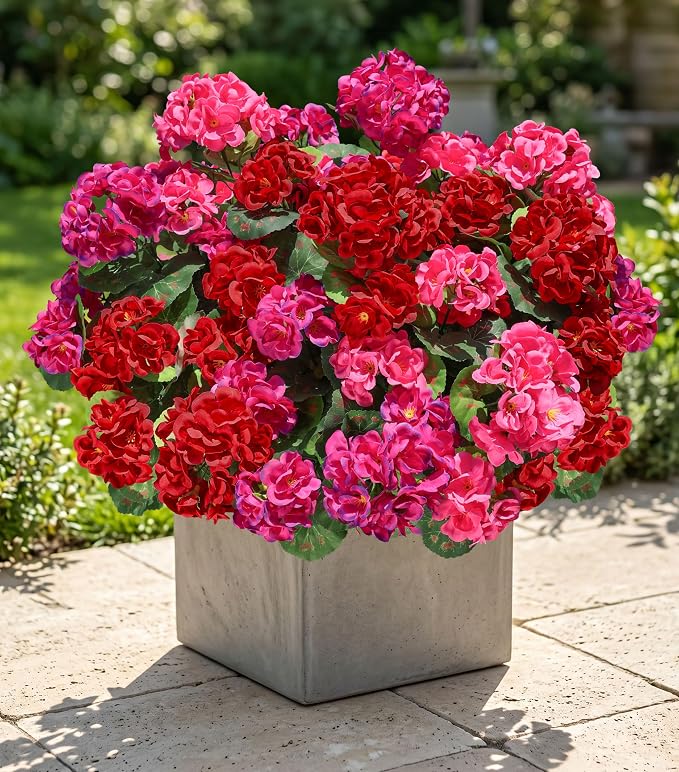 Artificial Geranium Fake Flowers for Outdoors Decoration, 6 Bundles Silk Geraniums Flower UV Resistant Look Real Faux Plants for Front Door Garden Porch Planter Patio Balcony Yard Indoor Home, Mix