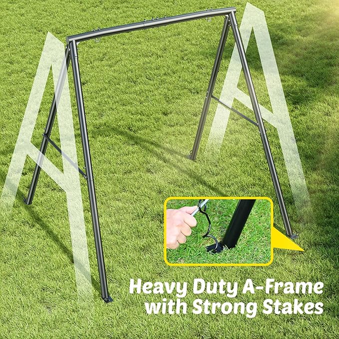 Trekassy 60" Large Platform Saucer Swing with Frame for Kids Outdoor, 440lbs Swing Set with Heavy Duty Metal Swing Stand for Backyard, Outdoor Kids Play Equipment (Black Frame + Blue Swing)（Patented）
