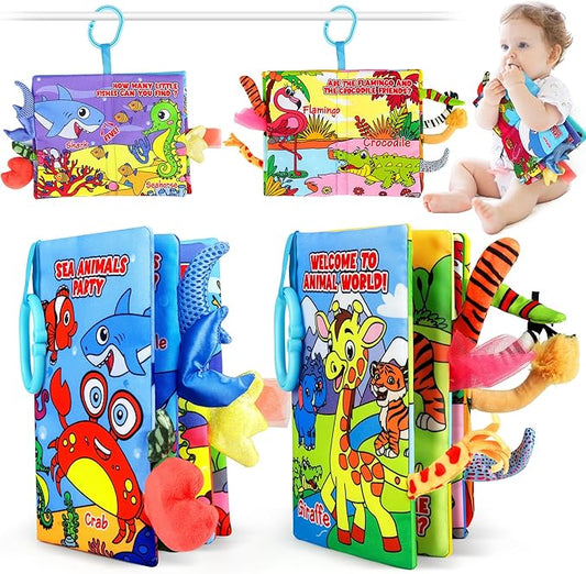 2PCS Crinkle Cloth Books - High Contrast Sensory Toys Touch Feel Book for Tummy Time, Infant Travel Essentials Forest Ocean Themes, and Newborn Development Toys 0-18 Months