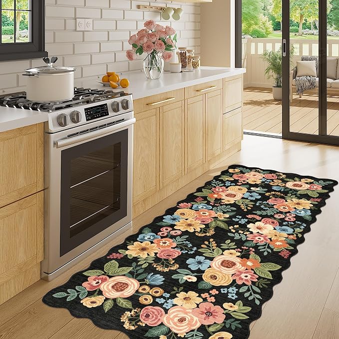 DUKINO 2x5 Washable Runner Rug, Floral Non Slip Rug for Kitchen, Black | Soft, Low Pile, Non-Shedding Throw Rug Runner for Hallway, Entryway, Bedroom, Bathroom, Pet Friendly, Home Decor, Lightweight