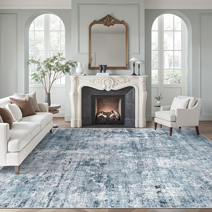 Soalmost 10x12 Area Rugs for Living Room Washable Rug Abstract Blue/Grey | Non-Slip Large Modern Carpet for Dining Bedroom, Soft Low Pile Lightweight Foldable Floor Mat Nursery Home Office Decor