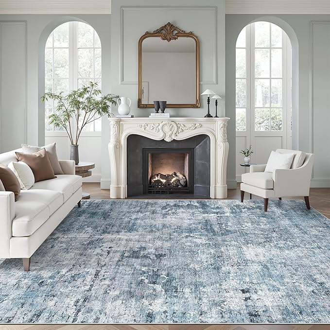 Soalmost 9x12 Area Rugs for Living Room Washable Rug Abstract Blue/Grey | Non-Slip Large Modern Carpet for Dining Bedroom, Soft Low Pile Lightweight Foldable Floor Mat Nursery Home Office Decor
