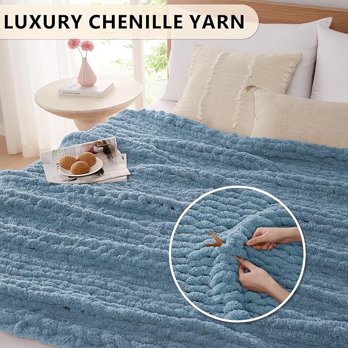 L'AGRATY Chunky Knit Throw Blanket for Couch, 50 x 60 Inches, Airy Blue | Handmade Chenille Crochet Blanket for Sofa Bed, Thick Cable Knitted Blankets for Room Home Decor, Birthday Gift for Women Mom