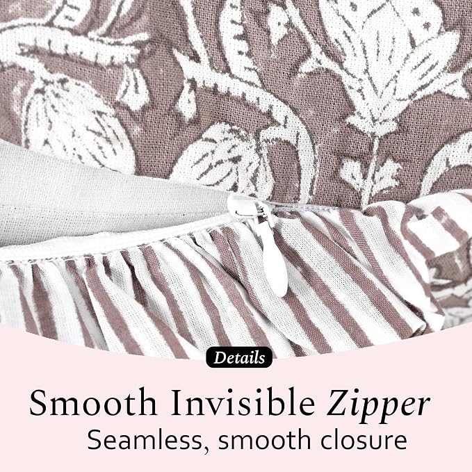 CPC Mocha Regal Hand Block Print 100% Cotton Ruffle Throw Pillow Cover 24x24 inch with Hidden Zipper Decorative for Couch, Bed, Sofa, Farmhouse, Cottagecore Decor Gift Christmas Fall Thanksgiving