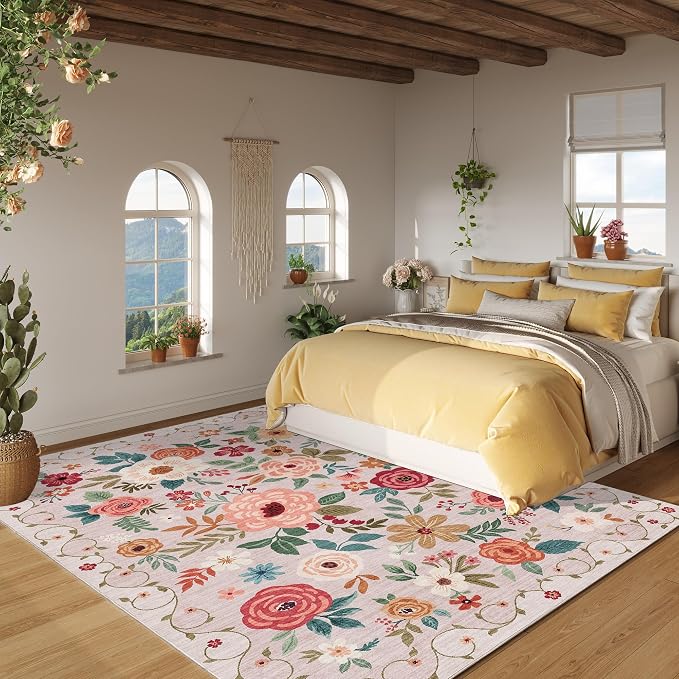 DUKINO 6x9 Area Rugs, Floral Washable Rug for Bedroom Non Slip, Beige | Soft, Low Pile, Large Indoor Rug for Living Room, Dining Room, Kids Room, Office, Pet Friendly, Home Decor, Stain Resistant
