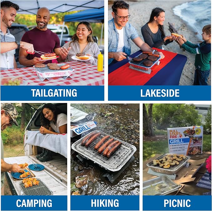 Pull Start Fire Grill, Natural Hardwood Charcoal, Portable 3hr Burn, 1 Pack | Pull Start Matchless Ignition, Ready in 5 Mins, Clean Burn, No Lighter Fluid, Disposable, Tailgate, Camping, Beach, Backyard